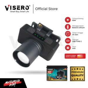 Senter Kepala Zoom Premium / Headlamp Lensa Zoom 50 Watt Super Terang Charger USB Type C Ada Fitur SOS Visero