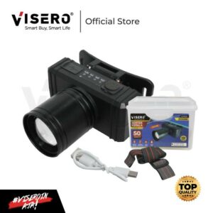 Senter Kepala / Headlamp Lensa Zoom 50 Watt Cahaya Putih Super Terang Charger USB Type C Ada Fitur SOS Visero
