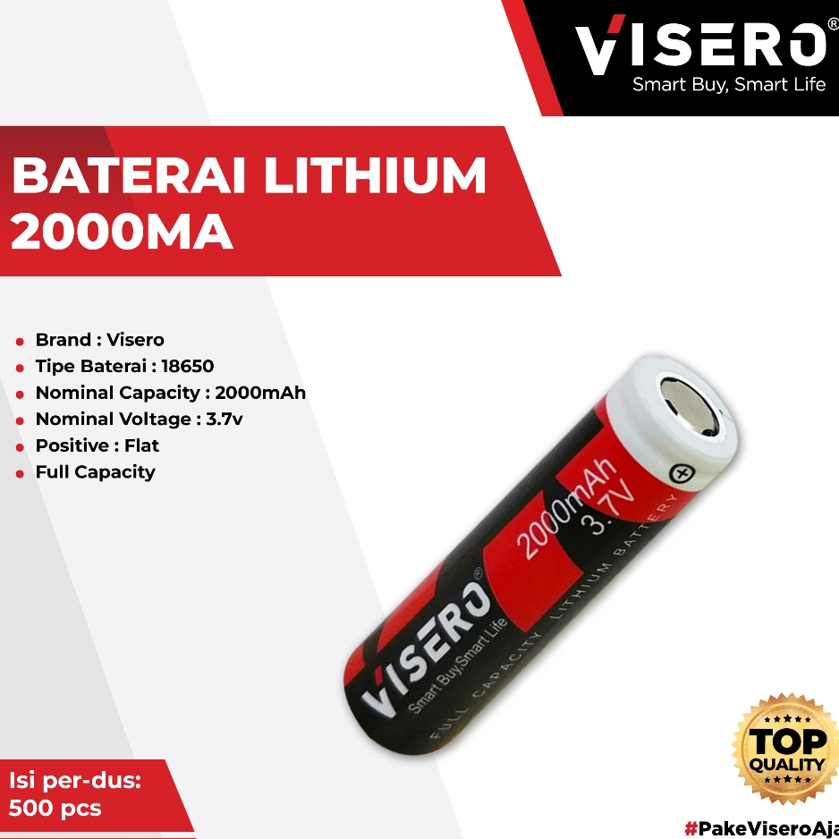 Baterai/Battery Lithium 18650 Full Kapasitas 3.7V 2000Mah Visero ( TIDAK BISA MENGGUNAKAN EKSPEDISI J&T )