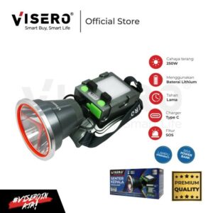 Senter Kepala / Headlamp Premium 300W Visero Cahaya Putih Fitur SOS, Lampu Emergency, Charger USB Type C dan Bisa Power Bank