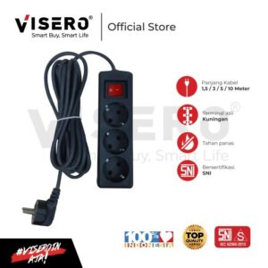 Stop Kontak Arde 3 Lubang 1,5M, 3M, 5M, 10 Meter + Kabel Colokan Visero - HITAM (VT-113SK)