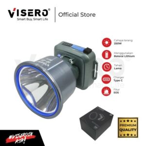 Senter Kepala / Headlamp Premium 250W Visero Cahaya Putih Super Terang Dengan Fitur SOS, Charger USB Type C Dan FREE 2 Lensa Pengganti Biru Dan Kuning - HI 425