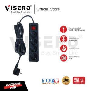 Stop Kontak Arde 4 Lubang 1,5M, 3M, 5M, 10 Meter + Kabel Colokan Visero - HITAM (VT-114SK)