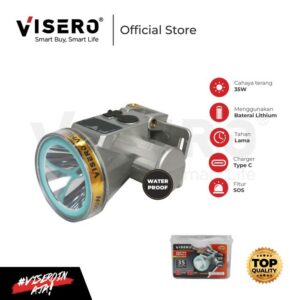 Senter Kepala / Headlamp Visero 35 Watt Super Terang Cahaya Putih / Cahaya Kuning Waterproof Dengan Fitur SOS dan Charger USB Type C